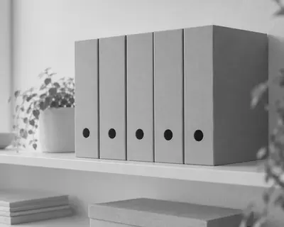 Row of plain grey archive box files on a shelf
