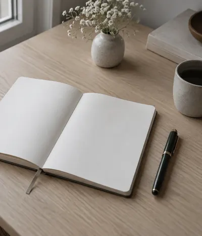 Notebook and pen on a pale desk by a window